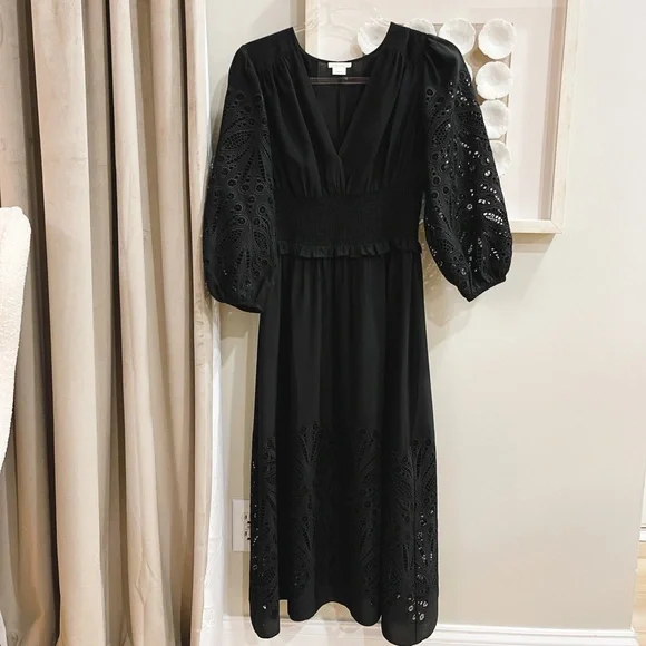 knee length dresses for ladies Balloon Sleeve Pleated Dress Black main image 1
